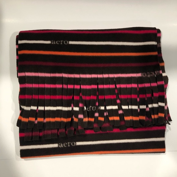 Aeropostale Women’s Brown Pinks Orange White Fleece Fringed Striped Scarf - Picture 4 of 5